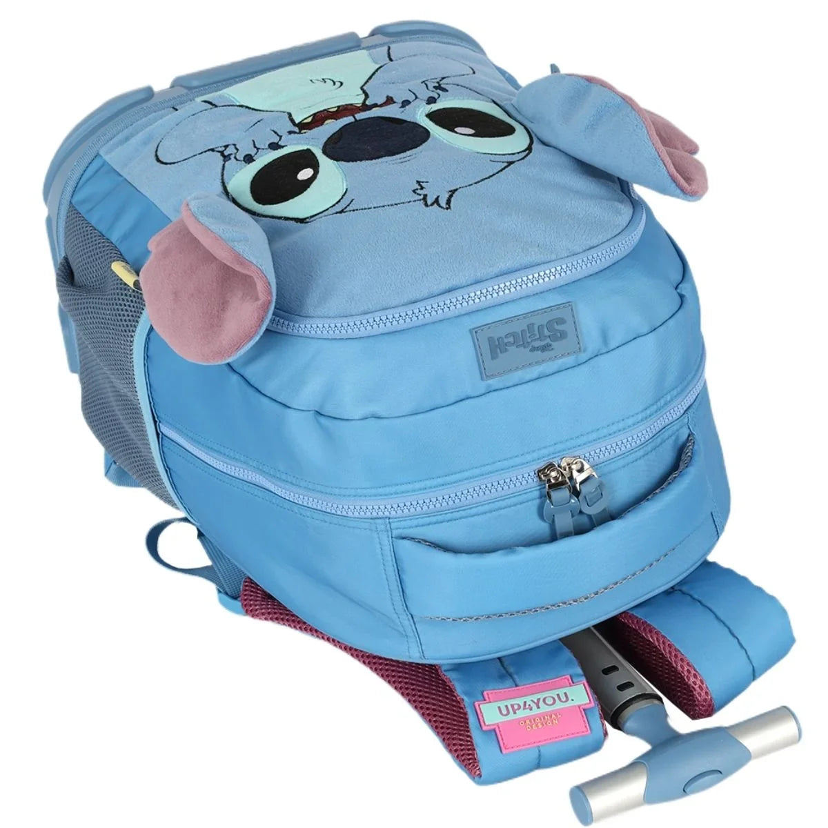 Kit Mochila De Rodinhas Stitch + Lancheira + Bolsinha Com Orelhas - Com Carrinho Removível