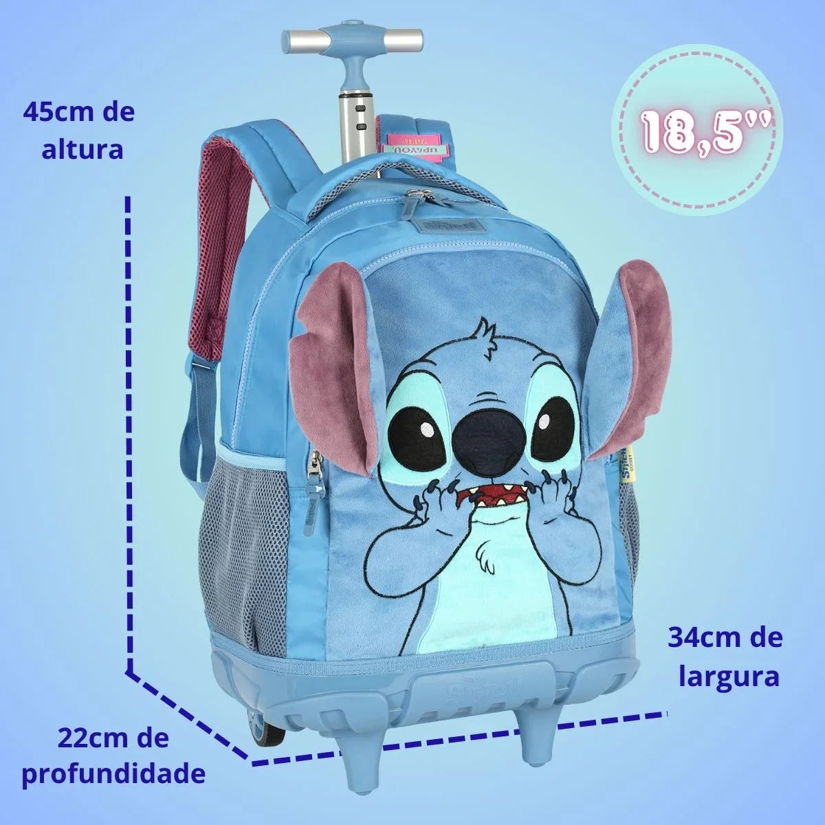 Kit Mochila De Rodinhas Stitch + Lancheira + Bolsinha Com Orelhas - Com Carrinho Removível