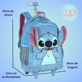 Kit Mochila De Rodinhas Stitch + Lancheira + Bolsinha Com Orelhas - Com Carrinho Removível