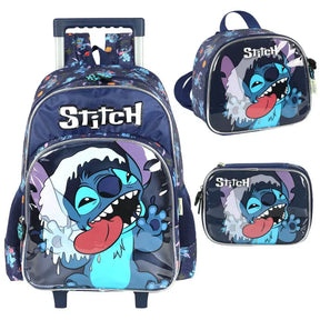 Mochila Escolar Infantil Stitch Disney Original com Rodas – Kit Completo