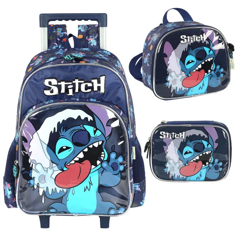 Mochila Escolar Infantil Stitch Disney Original com Rodas – Kit Completo