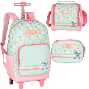 Mochila Escolar Infantil Stitch Disney Original com Rodas – Kit Completo