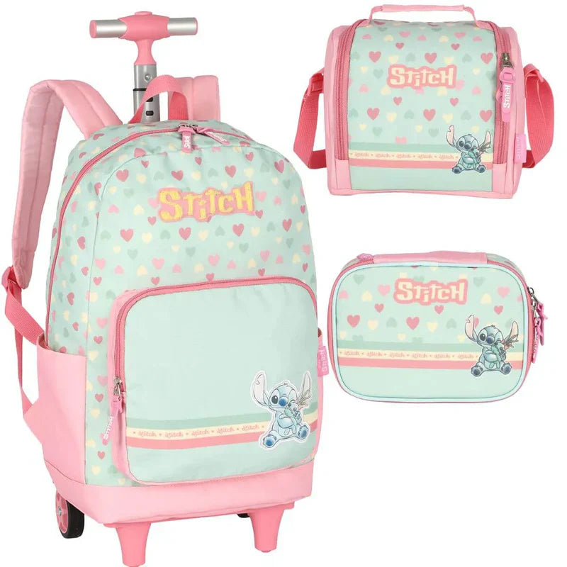 Mochila Escolar Infantil Stitch Disney Original com Rodas – Kit Completo