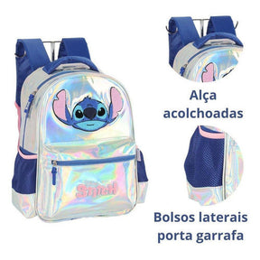 Kit Mochila Stitch Holográfica + Lancheira e Estojo