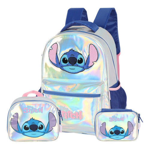 Kit Mochila Stitch Holográfica + Lancheira e Estojo