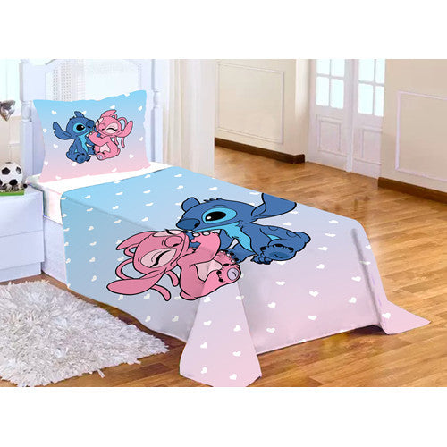 Lençol Cobre Leito Solteiro + Fronha Lilo Stitch 04